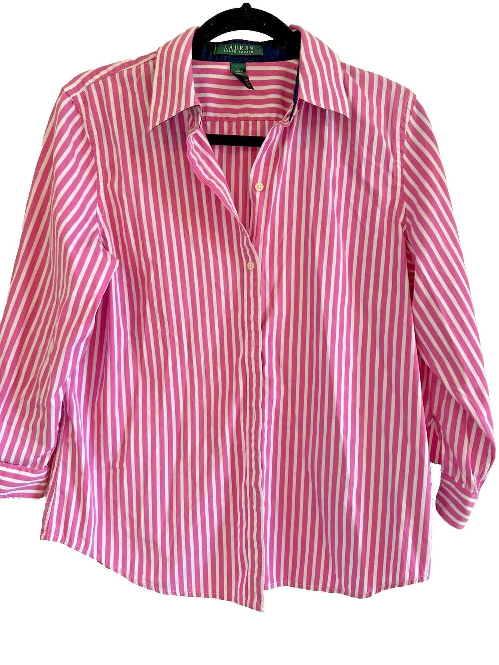 RL Striped Button Down Classic Preppy East Coast Summer Blouse 3/4 Sleeve L